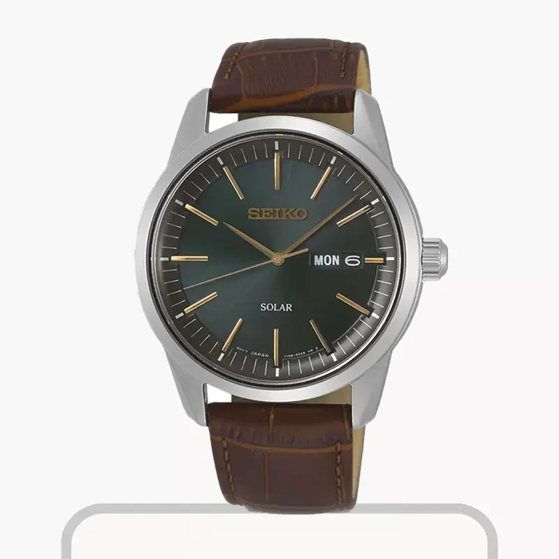 Seiko Solar Dark Green Dial Brown Leather Men's Watch- SNE529P1